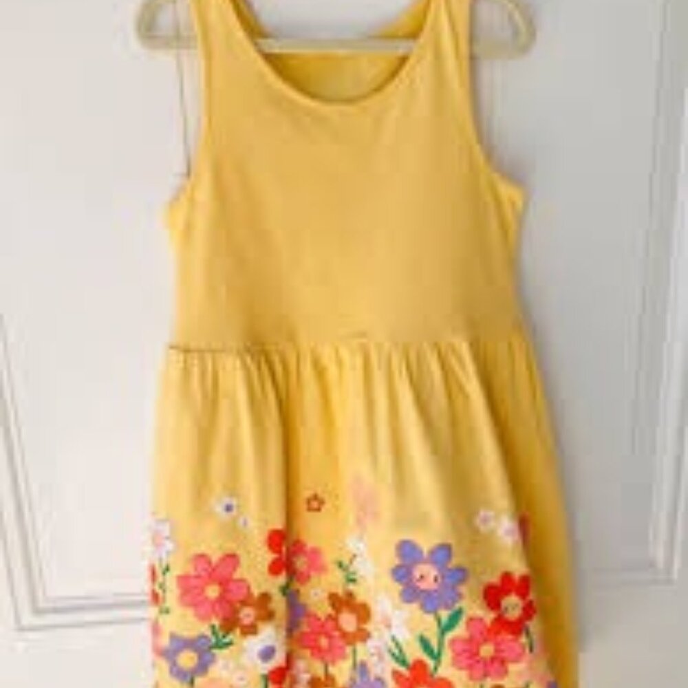 Girls’ Sunny Yellow Sleeveless Floral Border Print Dress